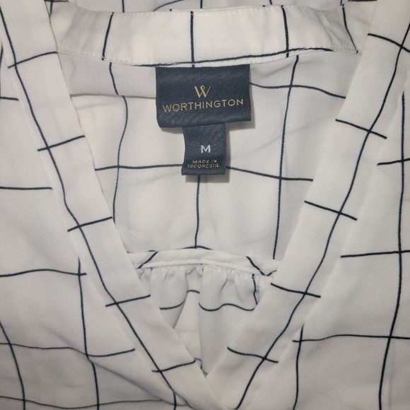 Worthington 3/4 Sleeve w Ties Medium V-Neck White Simple Stripe Polyester Sheer - Picture 11 of 13